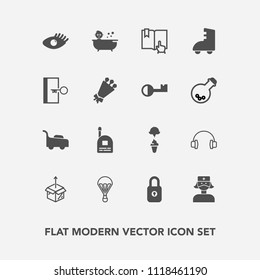 Modern, simple vector icon set with stereo, face, mower, roller, sweet, machine, book, new, music, boy, child, cardboard, unpacking, package, care, nurse, beautiful, kid, baby, cream, medical icons