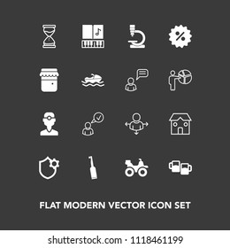 Modern, simple vector icon set on dark background with dentist, microscope, complete, tooth, medicine, sign, brush, drink, beer, profile, quad, dentistry, science, music, price, place, hourglass icons