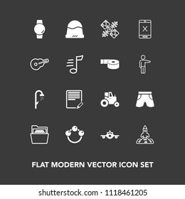 Modern, simple vector icon set on dark background with launch, departure, agriculture, agricultural, fashion, file, time, airplane, farm, flight, document, space, gadget, paper, folder, shorts icons