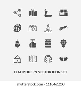 Modern, simple vector icon set with page, share, book, social, education, food, treadmill, cake, music, snorkel, bodybuilding, camp, car, sky, nutrition, sweet, sign, holiday, summer, pie, sound icons