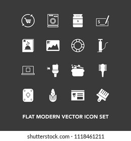 Modern, simple vector icon set on dark background with housework, trolley, brush, appliance, bodybuilding, washer, machine, retail, profile, game, pay, web, care, bathroom, paint, shop, public icons