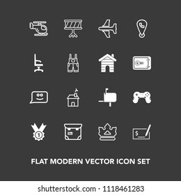 Modern, simple vector icon set on dark background with chat, business, crown, building, game, joystick, drum, king, mail, air, box, pen, play, face, award, transport, airplane, sky, professional icons