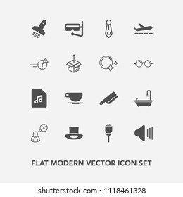 Modern, simple vector icon set with drink, note, launch, cancel, bathroom, cup, lamp, volume, web, fork, travel, airplane, sea, audio, water, late, business, profile, toilet, suit, mask, light icons