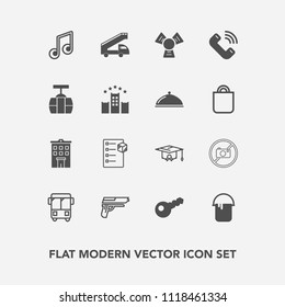 Modern, simple vector icon set with transport, bus, musical, package, estate, button, transportation, forbidden, speed, building, interior, handgun, house, school, note, train, delivery, key icons