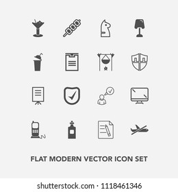 Modern, simple vector icon set with strategy, check, digital, bottle, office, presentation, bar, businessman, document, kebab, monitor, beverage, alcohol, food, barbecue, grilled, cocktail, home icons