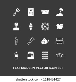 Modern, simple vector icon set on dark background with teapot, island, bar, japanese, dessert, sweet, door, security, food, man, supermarket, key, bed, bedroom, education, broom, graduation, sky icons