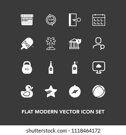 Modern, simple vector icon set on dark background with rubber, north, time, spray, red, palm, leaf, toy, exit, duck, play, operator, ice, cloud, paint, dessert, door, business, heavy, schedule icons