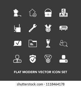 Modern, simple vector icon set on dark background with internet, estate, people, online, account, job, contact, child, employer, employee, win, real, folder, computer, play, winner, paper, check icons