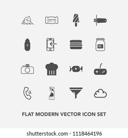 Modern, simple vector icon set with sweet, telephone, filter, phone, concept, fruit, coupon, game, camera, mobile, photography, lollipop, air, lifestyle, play, card, restaurant, cell, spray, ice icons