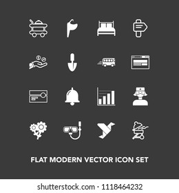 Modern, simple vector icon set on dark background with faucet, stereo, spring, water, alarm, nature, bell, nurse, room, barbecue, snorkel, diagram, service, sea, medical, cassette, meat, bed icons