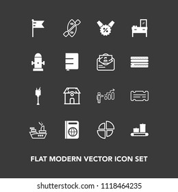 Modern, simple vector icon set on dark background with ship, america, development, house, flag, travel, drink, bag, alcohol, national, business, boat, ice, sale, graph, chart, pie, canoe, ticket icons