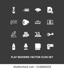 Modern, simple vector icon set on dark background with room, bottle, transportation, office, map, key, route, business, photographer, fashion, navigation, building, speed, chair, japanese, green icons