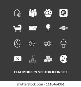 Modern, simple vector icon set on dark background with business, real, transportation, sweet, doughnut, device, architecture, package, house, dessert, carriage, pie, estate, castle, sport, sound icons