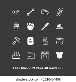 Modern, simple vector icon set on dark background with insect, butterfly, guitar, wear, wrench, white, crane, wing, office, hammer, file, nature, industry, washer, dessert, baby, spanner, child icons