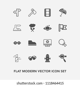 Modern, simple vector icon set with direction, fire, tool, search, technology, footwear, pub, entertainment, umbrella, bar, beer, hammer, fashion, hydrant, makeup, lipstick, setting, safety, red icons