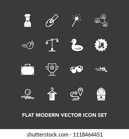 Modern, Simple Vector Icon Set On Dark Background With Departure, Sun, Wand, Nature, Beer, Snack, Potato, Reward, Morning, Route, White, Leather, Win, Hanger, Technology, Map, Fast, Shovel, Bar Icons