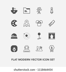Modern, simple vector icon set with microphone, system, food, winner, science, movie, camera, first, folder, cosmonaut, chinese, sew, tripod, video, machine, place, spacesuit, bowl, map, tie icons