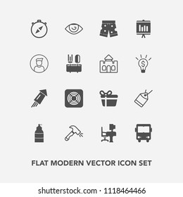Modern, simple vector icon set with bus, festival, tag, transport, desk, white, firework, annual, paper, event, eye, construction, equipment, office, report, spray, shorts, table, north, south icons
