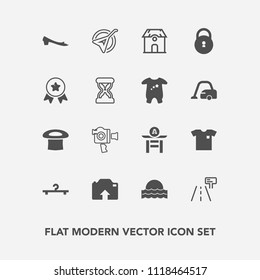 Modern, simple vector icon set with architecture, sunrise, hat, sun, camera, street, equipment, cloakroom, footwear, shirt, photo, traffic, house, winner, hanger, lock, estate, sunset, light icons
