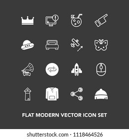 Modern, simple vector icon set on dark background with click, desktop, computer, drink, showing, clothing, landmark, king, replacement, gramophone, device, fashion, crown, craft, cocktail, glass icons