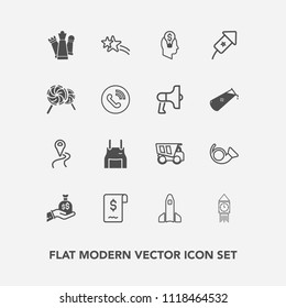 Modern, simple vector icon set with strategy, dumper, navigation, star, musical, holiday, jazz, science, apron, location, launch, pinafore, bugle, map, rocket, finance, game, sale, ben, vehicle icons
