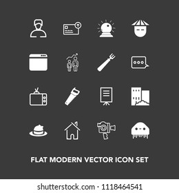 Modern, simple vector icon set on dark background with young, meeting, money, tv, business, real, equipment, fiction, technology, people, building, space, saw, house, camera, style, businessman icons