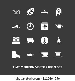 Modern, simple vector icon set on dark background with market, school, microphone, birthday, transport, store, hanger, college, pin, drink, clown, alien, record, celebration, food, footwear, bus icons