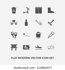 Modern, simple vector icon set with alcohol, sky, price, vehicle, coupon, red, fun, travel, joy, sound, garbage, dinner, karaoke, dish, glass, food, plane, summer, torii, japan, trash, airport icons