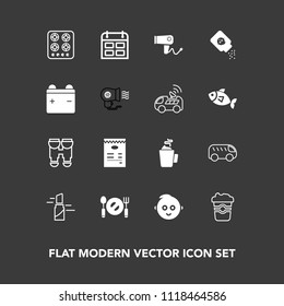 Modern, simple vector icon set on dark background with timetable, red, coffee, direction, stove, dryer, cute, cook, schedule, fashion, kitchen, view, equipment, drink, hairdryer, baby, bus, care icons