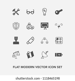 Modern, simple vector icon set with sunglasses, medical, style, knife, power, weight, full, balance, fashion, pin, travel, road, phone, electricity, oven, scale, spanner, location, structure icons