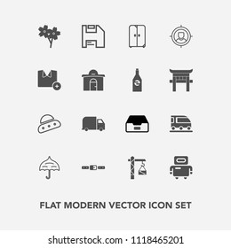 Modern, simple vector icon set with home, open, spring, belt, concept, business, ufo, flower, construction, folder, furniture, target, vehicle, data, technology, delivery, transportation, white icons