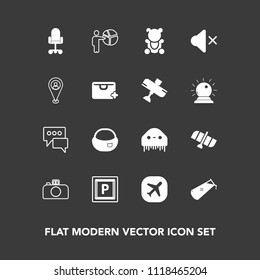 Modern, simple vector icon set on dark background with space, school, chair, planet, chat, bubble, speech, bag, chemistry, road, ufo, people, chemical, cute, science, alien, plane, car, volume icons