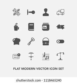 Modern, simple vector icon set with key, profile, hat, off, space, note, food, global, judge, account, vehicle, white, communication, satellite, currency, transportation, house, law, sound, chef icons