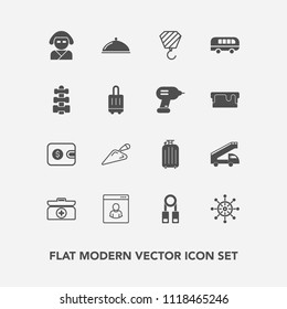 Modern, simple vector icon set with truck, finance, gym, presentation, beautiful, money, wheel, travel, aid, profile, luggage, person, internet, transportation, geisha, asian, bag, japan, kit icons