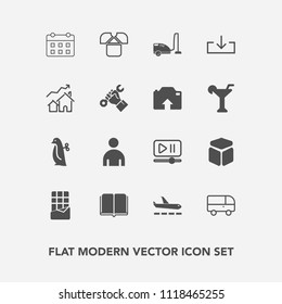 Modern, simple vector icon set with transport, boy, airport, vacuum, library, man, toy, road, education, book, player, male, sweet, baby, square, children, plane, cube, fashion, tshirt, travel icons