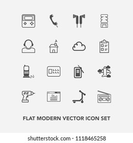 Modern, simple vector icon set with website, security, equipment, stationary, support, technology, team, record, machine, transport, sound, ink, travel, analytics, drink, radio, flight, airplane icons