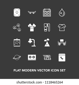 Modern, simple vector icon set on dark background with board, rail, office, timetable, phone, interior, book, lamp, planet, liquid, extreme, desk, table, photo, music, landscape, skater, nature icons