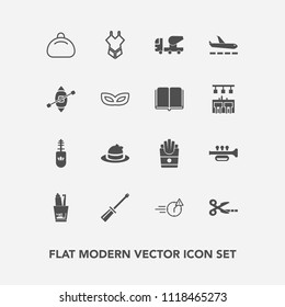 Modern, simple vector icon set with hygiene, office, toothbrush, french, work, dental, cement, woman, fast, travel, snack, food, late, man, mixer, black, hat, night, health, leather, swimsuit icons