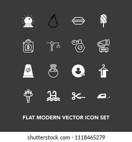 Modern, simple vector icon set on dark background with organic, fruit, sorcery, remove, cut, tag, wine, summer, electric, user, technology, traffic, road, clothing, magic, hamburger, dessert icons