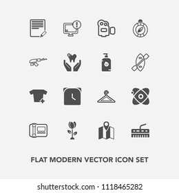 Modern, simple vector icon set with floral, technology, office, minute, fashion, map, nature, clothes, text, clothing, universe, blossom, keyboard, watch, shirt, video, computer, clock, phone icons