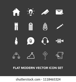 Modern, simple vector icon set on dark background with fan, cutlery, building, pen, music, carrot, mountain, vegetable, communication, sky, house, blue, company, call, hierarchy, structure, real icons