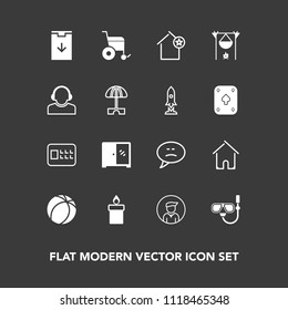 Modern, Simple Vector Icon Set On Dark Background With Home, Wheelchair, Furniture, Lock, Safe, Football, Soccer, Summer, Decoration, Bubble, Candle, Male, House, Sea, Apartment, Message, Man Icons