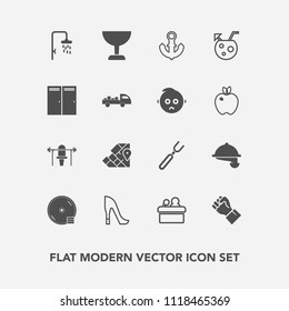 Modern, simple vector icon set with service, style, summer, map, presentation, shoe, human, hand, food, speaker, fork, bath, waiter, dinner, shower, anchor, cd, conference, travel, public, disk icons