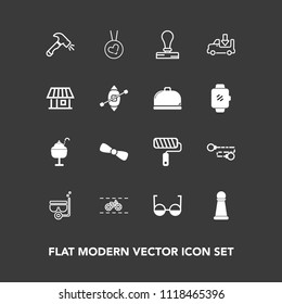 Modern, simple vector icon set on dark background with eye, game, tool, piece, chess, wheel, eyeglasses, roll, sea, stationery, bicycle, king, transportation, truck, ice, transport, shovel, mask icons