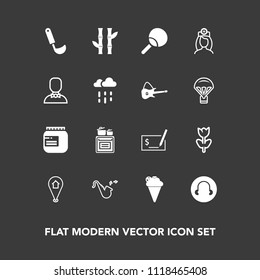 Modern, simple vector icon set on dark background with pay, soup, ladle, food, pen, care, leisure, jar, bugle, modern, pin, ice, nature, flower, sport, ping, jam, trumpet, spring, sweet, plant icons