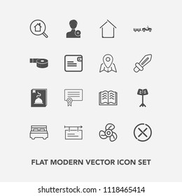 Modern, simple vector icon set with bed, house, certificate, fan, no, search, air, estate, menu, page, person, book, human, paper, truck, bedroom, interior, musical, architecture, delivery, sign icons