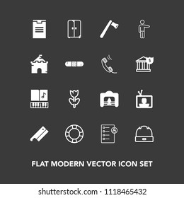 Modern, simple vector icon set on dark background with technology, box, musical, hammer, water, fashion, inflatable, job, interior, construction, furniture, spring, summer, business, head, human icons
