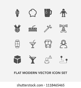 Modern, simple vector icon set with travel, cube, dessert, woman, speed, hand, cup, alarm, road, map, glass, destination, cook, online, ice, uniform, young, juice, square, network, cream, girl icons