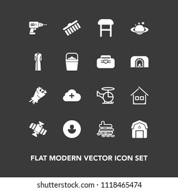 Modern, simple vector icon set on dark background with staple, natural, collection, technology, bouquet, boat, planet, drill, hand, business, transport, shape, station, cloud, air, helicopter icons