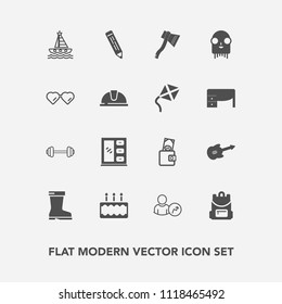 Modern, simple vector icon set with music, account, cabinet, boat, ocean, business, interior, fitness, pen, alien, food, workout, bag, furniture, monster, school, sport, wallet, web, purse, tool icons